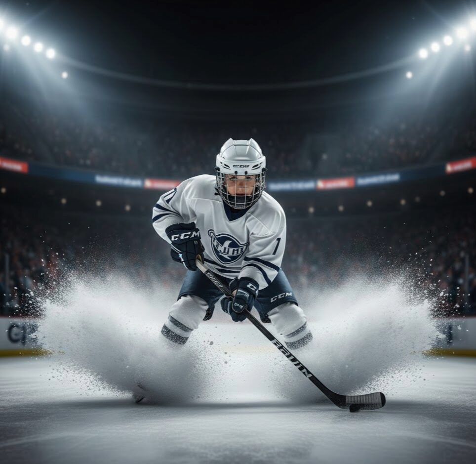 Youth hockey player skating hard during a game, showcasing USA Hockey–approved gear with a powerful spray of ice.