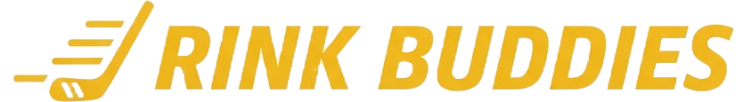 Rink Buddies logo featuring a golden-yellow hockey stick with speed lines and bold athletic text.