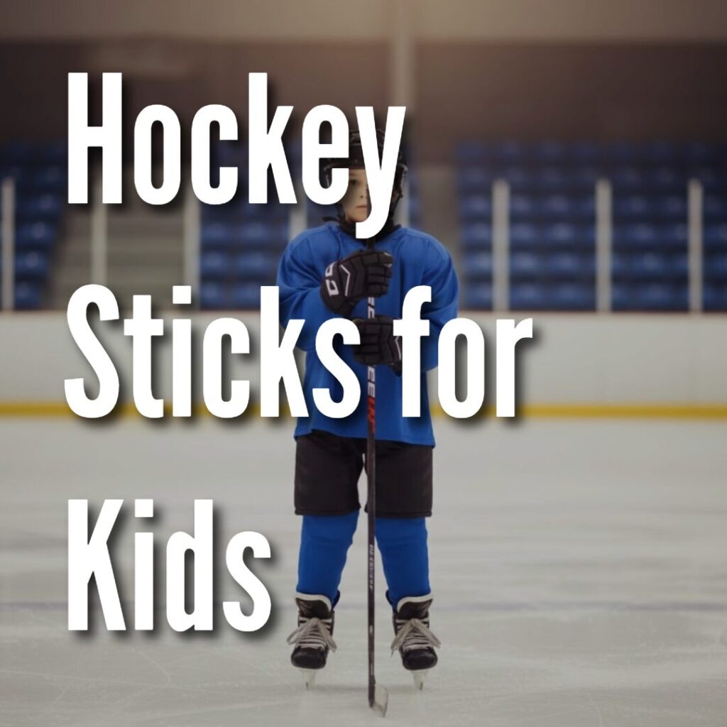 Youth hockey sticks arranged diagonally on a clean light background showing different blade curves.