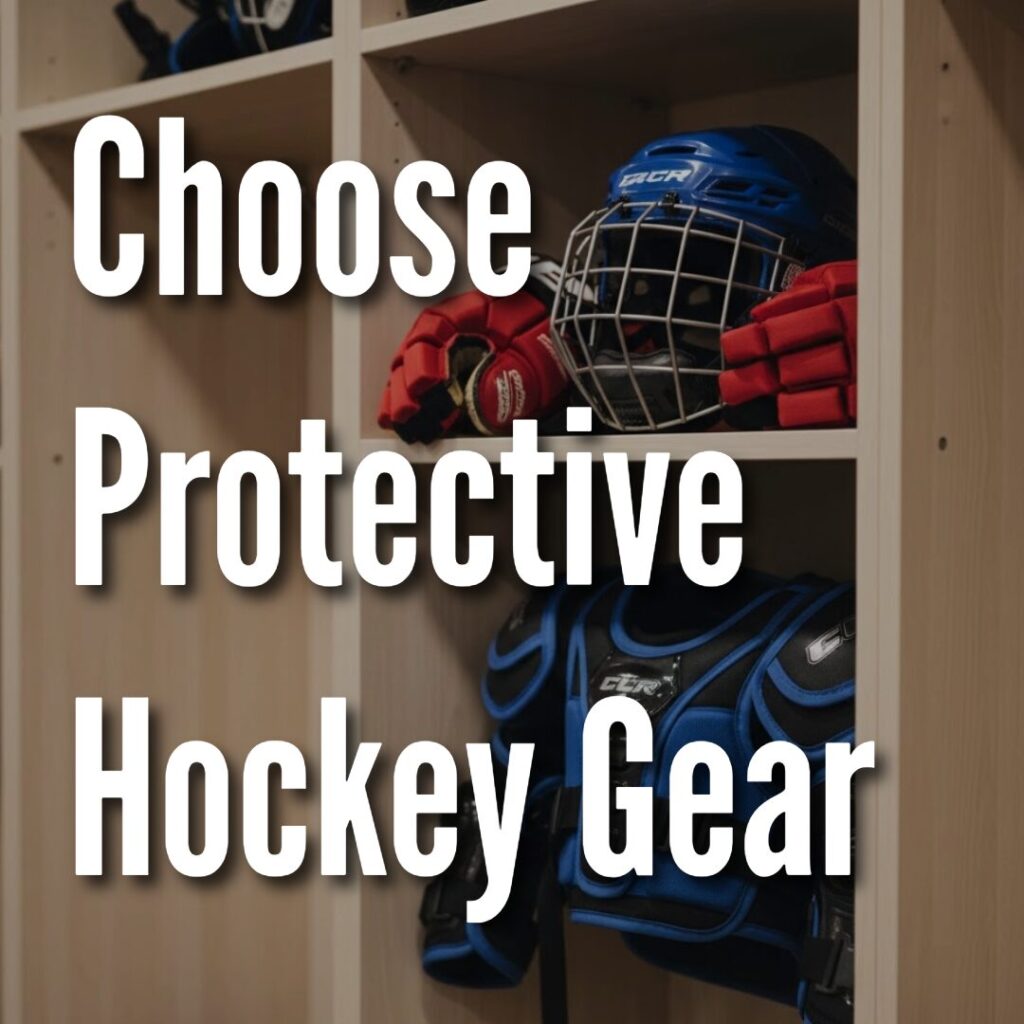 Youth hockey helmet and protective pads arranged neatly inside a locker room cubby, positioned on the right side of the frame.