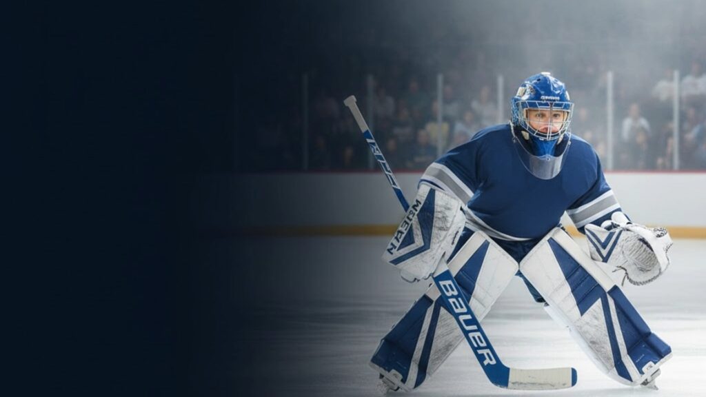 Youth hockey goalie in full gear making a save on the ice during gameplay, wearing blue and white pads with a crowd in the background.