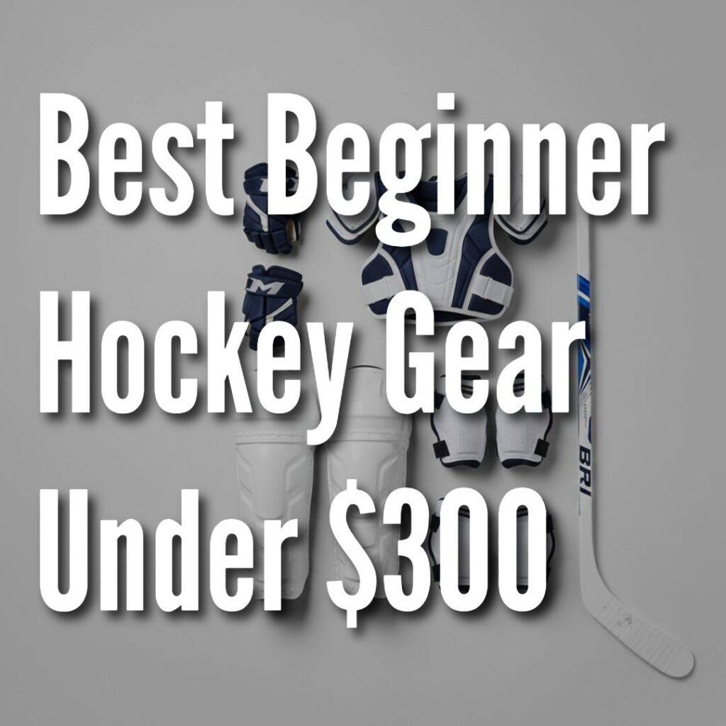 Flat‑lay of unbranded youth hockey gear arranged on a clean surface with a navy gradient on the left.