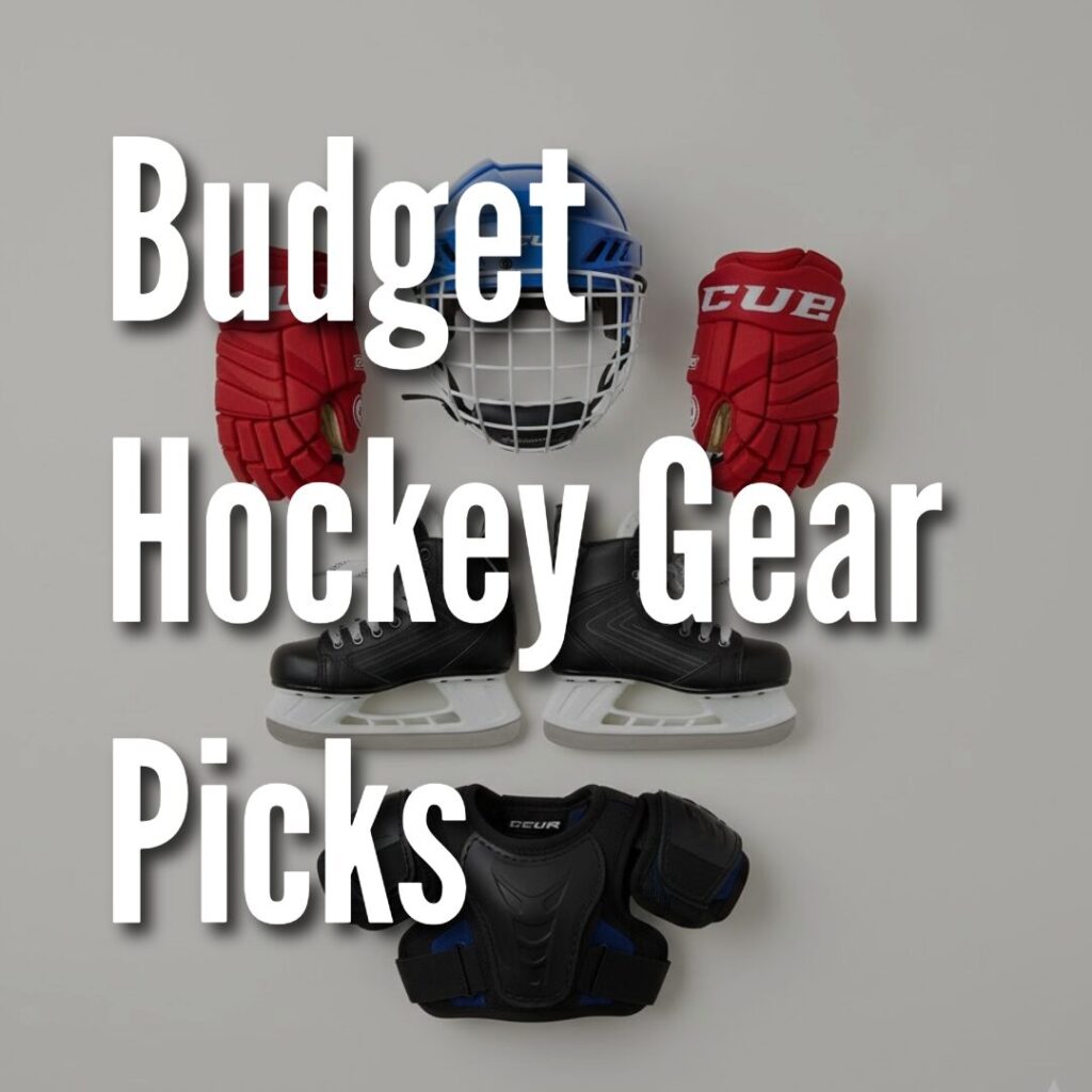 Beginner‑level youth hockey gear arranged neatly on a light background to represent affordable starter options.