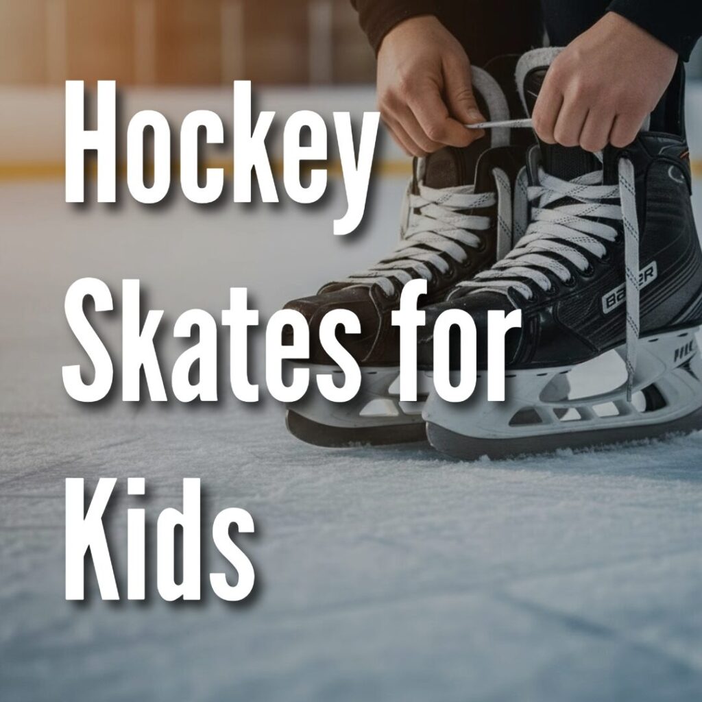 Close-up of youth hockey skates on clean ice with soft arena lighting.